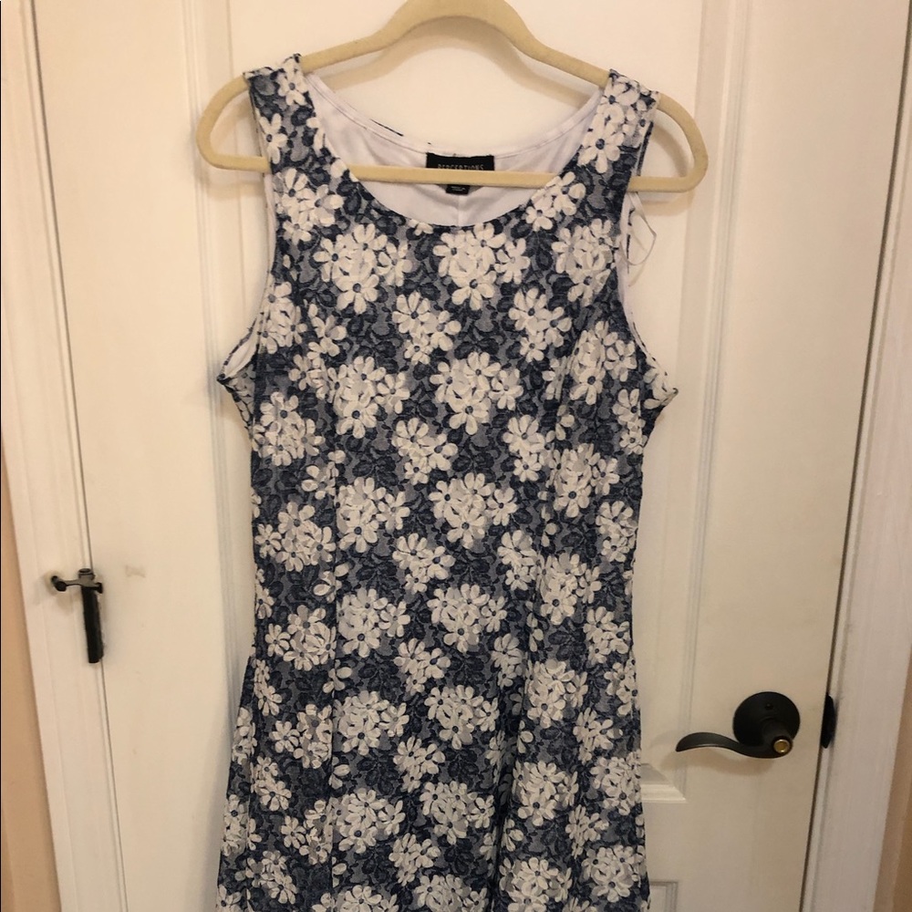 Blue and white floral dress with white coverup.
